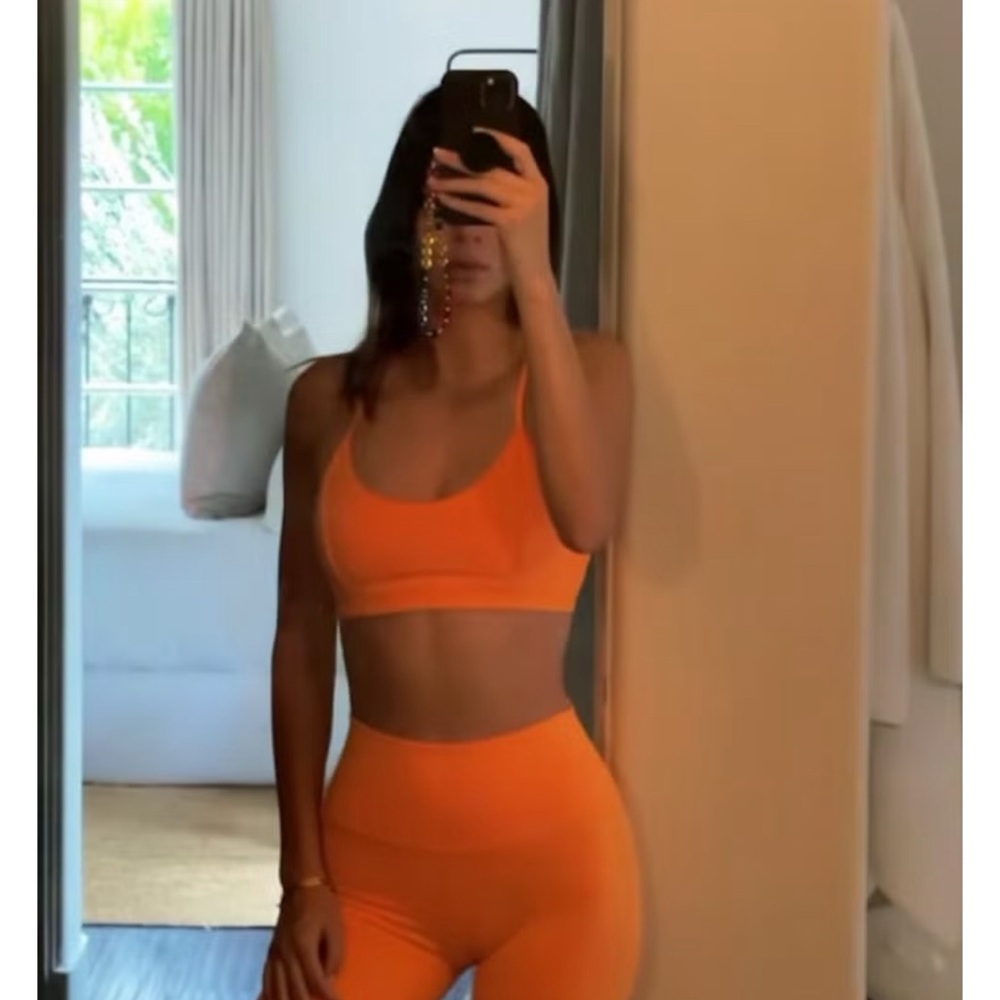 ALO Yoga Neon Apricot Seamless Sports Bra & Shorts Set